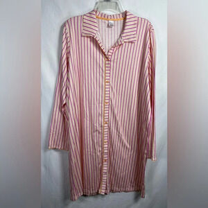 Calida Pink & Orange Striped, Button Front Long Sleeve Woman’s Large Night Shirt